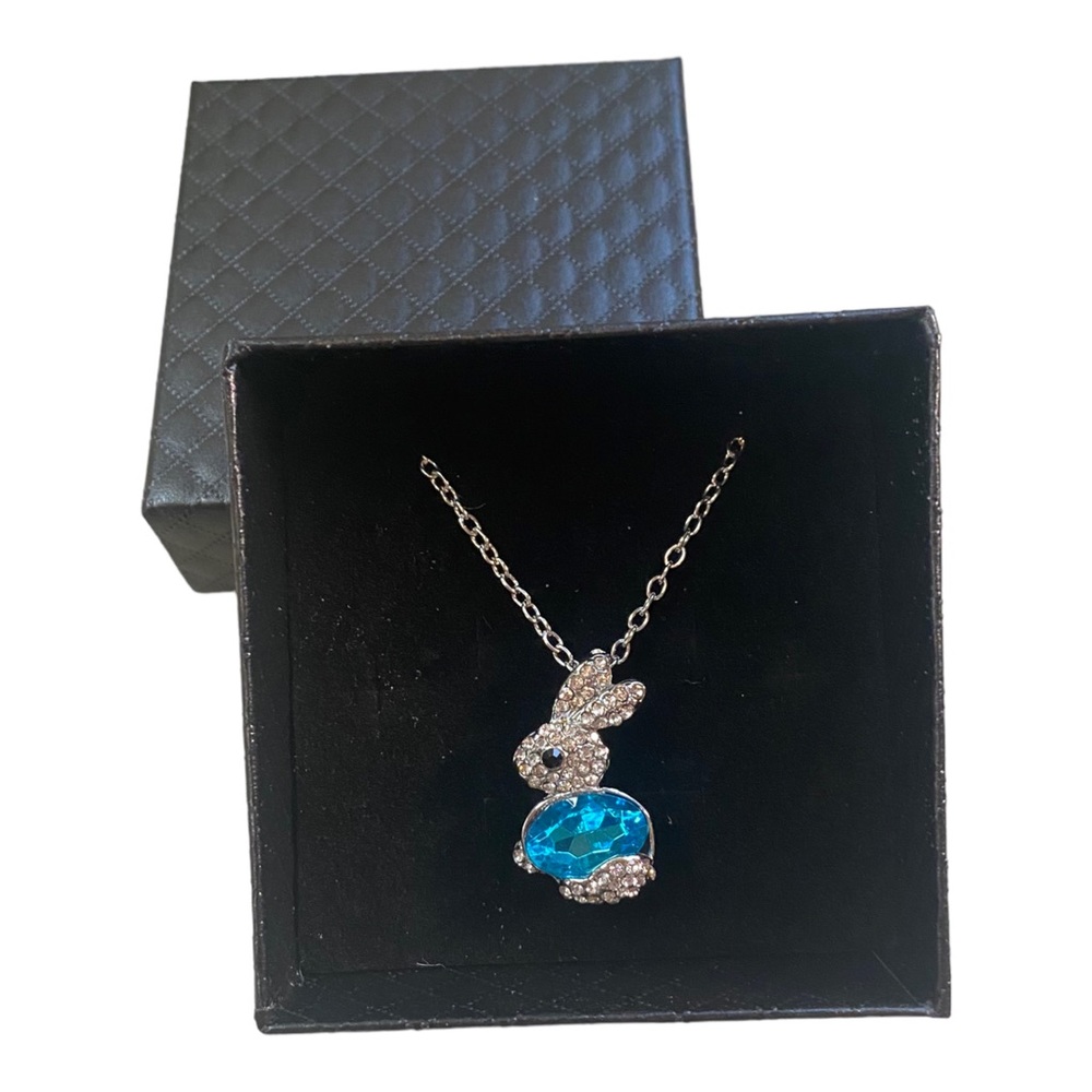 BLUE Crystal Rhinestone Cubic Zirconia Gemstone Easter Bunny Rabbit Necklace